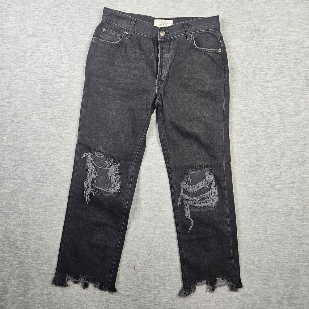 We the Free Women's Black Dark Wash Distressed Straight Leg Jeans Size 26